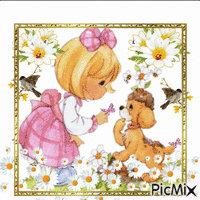A LITTLE GIRL SCOLDS HER PUPPIE FOR DIGGING UP THE DAISYS, A BUTTERFLY LANDS ON HER FINGER AND THE PUPPIES TAIL THE DAISYS ARE BLOWING IN THE WIND WITH LOTS OF SMALL BUTTERFLYS, FLYING AROUND, AND BIRDS, AND GOLD FRAME. GIF animé