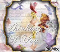 THINKING OF YOU, A LITTLE ANGEL GIRL IS SENDING THAT MESSAGE AND PLAYING WITH BLUE AND RED AND PURPLE DOVES. HAS A FRANE COVERING PART OF THE PICTURE, AND A FEW SPARKLES. Gif Animado