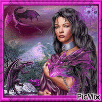 Femme et dragon en violet.