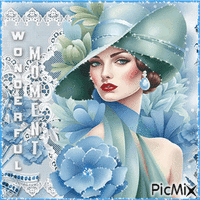 Woman blue flowers art  deco hat - Free animated GIF
