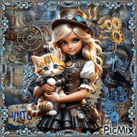 Fillette avec un chat dans les bras - Steampunk - Безплатен анимиран GIF