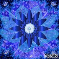 LOTS OF BLUE STARS FOUR BLUE BIRDS, A BIG BLUE FLOWER WITH WHITE IN CENTER AND BLUE SPARKLE IN THE CENTER. animasyonlu GIF