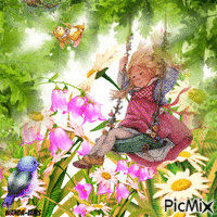 Kid-girl-bunny-birds-flowers-nature GIF animé