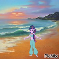 Twilight Sparkle as Princess Jasmine on the beach GIF animasi