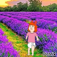 Baby in purple flower field animált GIF