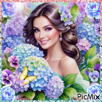 Flores de mujer y hortensias. animēts GIF