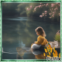 Concours : Une petite fille assise au bord d’un étang GIF animé