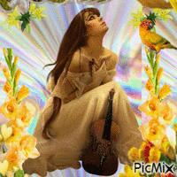 Femme avec Fleurs jaunes - Free animated GIF