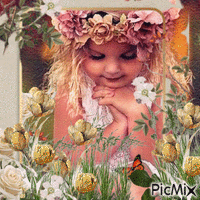 Little Girl with Beige Flowers - Бесплатни анимирани ГИФ