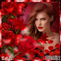 Femme avec des fleurs rouges - GIF animé gratuit