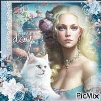Woman blonde white cat - Bezmaksas animēts GIF