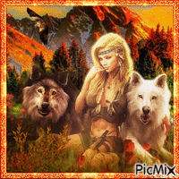 Frau und Wölfe - Gratis geanimeerde GIF