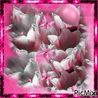 PINK BOLOONS POPPING AND GOING INTO PINK SHADOWS OF FLOWERS, PINL FRAME, A FEW SPARKLES3 PRETTY PINK BUTTERFLIES WITH SPARKLES. - GIF animasi gratis