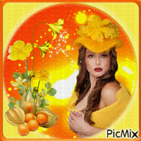 Portrait de femme en orange et jaune.