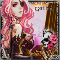 Gothic-Frauenporträt in Pink, Pfirsich und Schwarz
