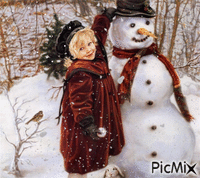 Petite fille au bohomme de neige - GIF animé gratuit