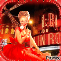 Pin up devant le Moulin Rouge GIF animé