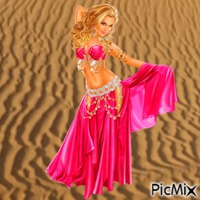 Red suited belly dancer in desert animēts GIF