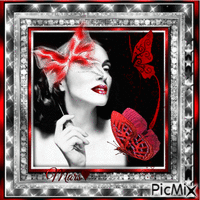 mujer  con mariposa roja en marco  plateado GIF animé
