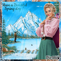Have a Beautiful Spring day. Mountains, fishing. Woman animasyonlu GIF