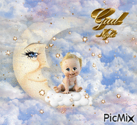 PRETTY BLUE AND WHITE CLOUDS, BABY SITTING ON MOON, GOOD NIGHT GIF animé