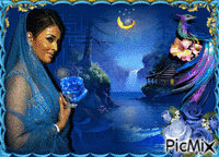 Femme avec des roses bleues - Free animated GIF