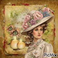 Femme avec un chapeau fleuri.
