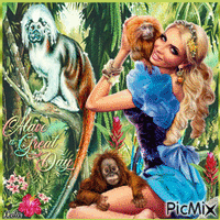 Monkeys in tropical jungle with their friend - Free animated GIF