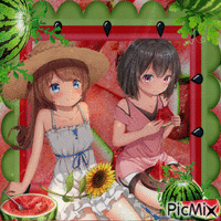 Wassermelone und Manga-Mädchen - GIF เคลื่อนไหวฟรี