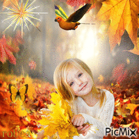 Jolie demoiselle avec des feuilles d automnes GIF animé