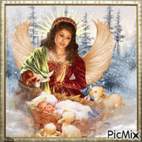 The angel takes care of the little Christ animuotas GIF
