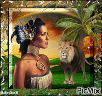 femme et lion animoitu GIF