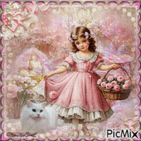 petite fille avec son chat et un panier de fleur animoitu GIF