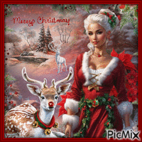 Christmas woman and her deer - GIF animé gratuit