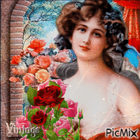 Frau mit Rosen - Vintage - GIF animé gratuit