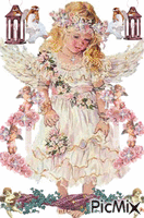 LITTLE ANGEL WITH FRIENDS. THERE ARE PINK ROSES AND SPARKLES, GOLD AND SILVER.THERE ARE 2 LITTLE SPARKLING ANGELS IN THE TOP CORNERS ABD MORE AMONG THE ROSES. GIF animé