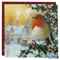 A BIG ROBIN SITTING IN A HOLLY TREE, LOOKING BACK AT A GOOD WARM HOUSE, ALL DECORATED FOR CHRISTMAS, WITH SNOW COMING DOWN. - GIF animado gratis