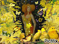 La femme au chapeau peint par Gino Gibilaro avec mimosas,papillons,oiseaux,feux artifices et étoiles - Free animated GIF