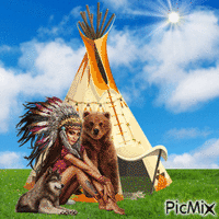 Native American woman with bear and wolf κινούμενο GIF