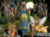 fille avec ses elfes et papillons animovaný GIF