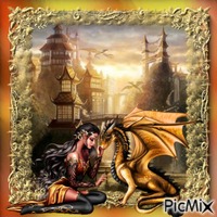 femme et dragon - 免费动画 GIF