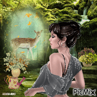 Woman-forest-animals-deer animowany gif