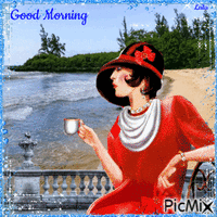 Good Morning. Woman at the beach. Coffee. - Nemokamas animacinis gif