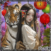 Fantasía asiática con un tigre - GIF animado grátis