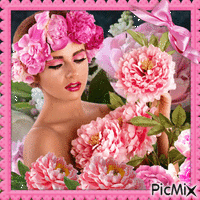 Girl with peonies анимирани ГИФ