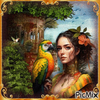 Женщина с попугаем animirani GIF