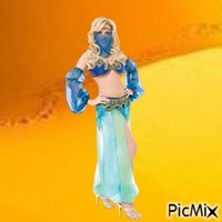 Blue suited belly dancer in desert - GIF animé gratuit