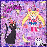 Happy Birthday from Sailor Moon and Luna - Free animated GIF