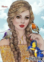 Girl with birds - Free animated GIF