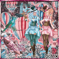 Hot air balloon rides in the steampunk world animeret GIF